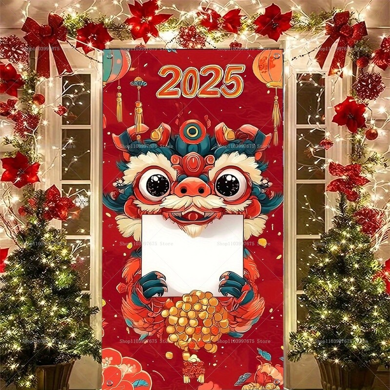 2025 kínai újévi oroszlán táncajtó borító hátterű szalaghirdetés családi estélyi bulihoz beltéri verandán, otthoni dekorációs fotófülke kellékei