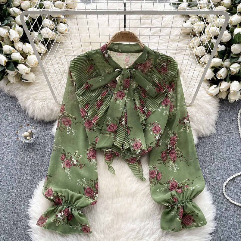 Elegáns női fodros masni felső Szexi koreai divatos puff hosszú ujjú, vágott felső nyári női blúz