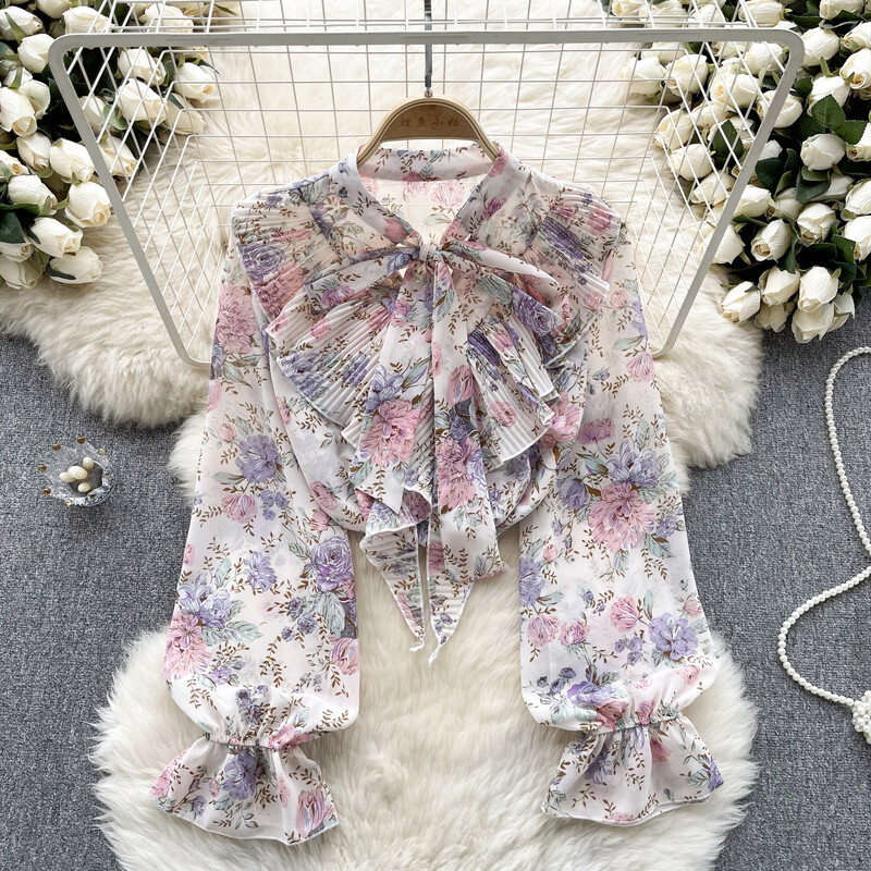 Elegáns női fodros masni felső Szexi koreai divatos puff hosszú ujjú, vágott felső nyári női blúz