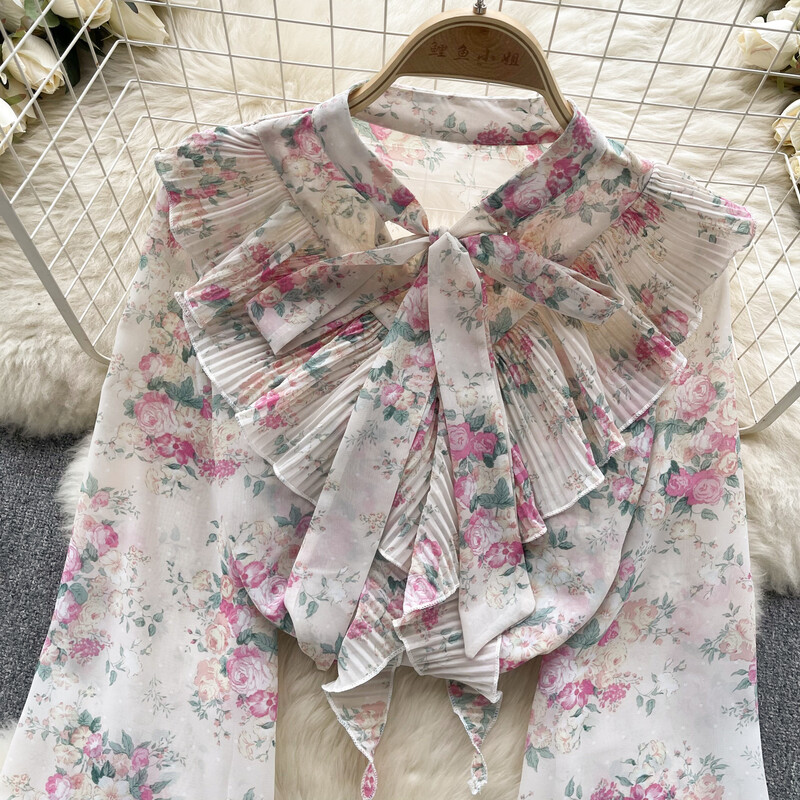 Elegáns női fodros masni felső Szexi koreai divatos puff hosszú ujjú, vágott felső nyári női blúz