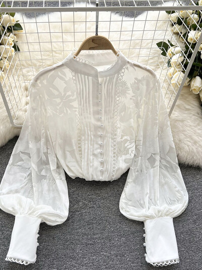 XFPV vienrindas puff piedurknes samta šuves kroku krelles Trend Queen top korejiešu eleganta blūze 2023 rudens jauna SM2224H