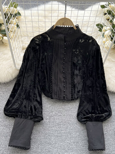 XFPV vienrindas puff piedurknes samta šuves kroku krelles Trend Queen top korejiešu eleganta blūze 2023 rudens jauna SM2224H