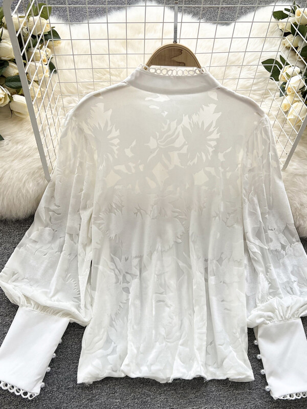 XFPV vienrindas puff piedurknes samta šuves kroku krelles Trend Queen top korejiešu eleganta blūze 2023 rudens jauna SM2224H