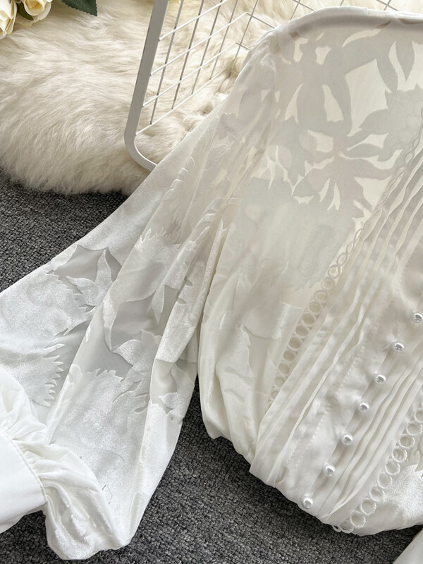 XFPV vienrindas puff piedurknes samta šuves kroku krelles Trend Queen top korejiešu eleganta blūze 2023 rudens jauna SM2224H