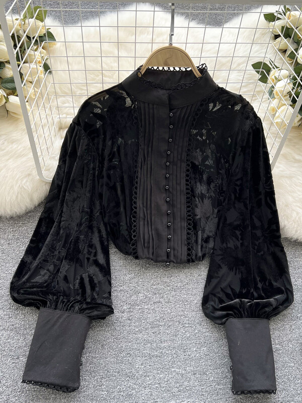 XFPV vienrindas puff piedurknes samta šuves kroku krelles Trend Queen top korejiešu eleganta blūze 2023 rudens jauna SM2224H