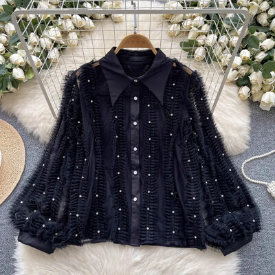 Neploe French Niche Light Luxury Diamond Inlaid Πλισέ φαναράκι με μανίκι πουκάμισο Femme μονόστηθος Αδυνατίσματος Ηλικίας Μείωση Blusa