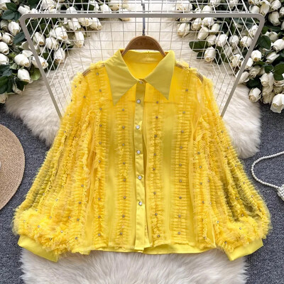 Neploe French Niche Light Luxury Diamond Inlaid Πλισέ φαναράκι με μανίκι πουκάμισο Femme μονόστηθος Αδυνατίσματος Ηλικίας Μείωση Blusa