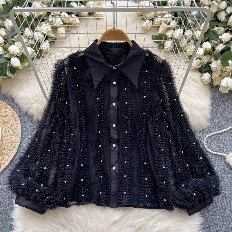 Neploe French Niche Light Luxury Diamond Inlaid Πλισέ φαναράκι με μανίκι πουκάμισο Femme μονόστηθος Αδυνατίσματος Ηλικίας Μείωση Blusa