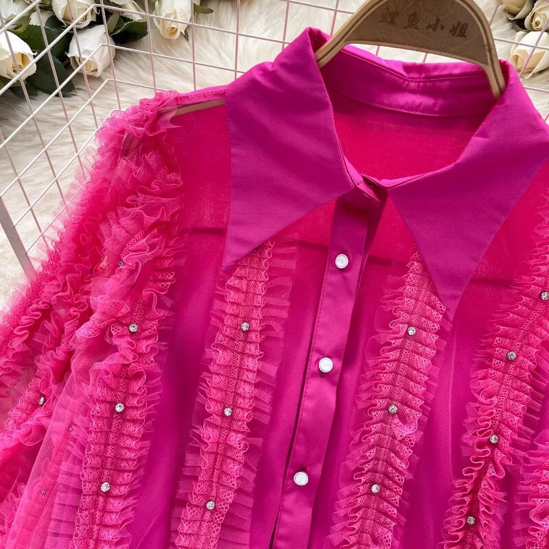 Neploe French Niche Light Luxury Diamond Inlaid Πλισέ φαναράκι με μανίκι πουκάμισο Femme μονόστηθος Αδυνατίσματος Ηλικίας Μείωση Blusa