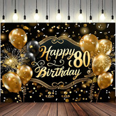 1db Boldog születésnapot díszített zászló - fekete arany 80. évfordulós téma, minden alkalomra/ünnepekre/felnőttek számára