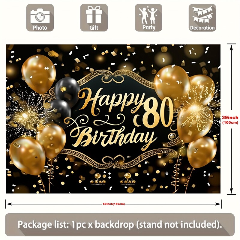 1db Boldog születésnapot díszített zászló - fekete arany 80. évfordulós téma, minden alkalomra/ünnepekre/felnőttek számára
