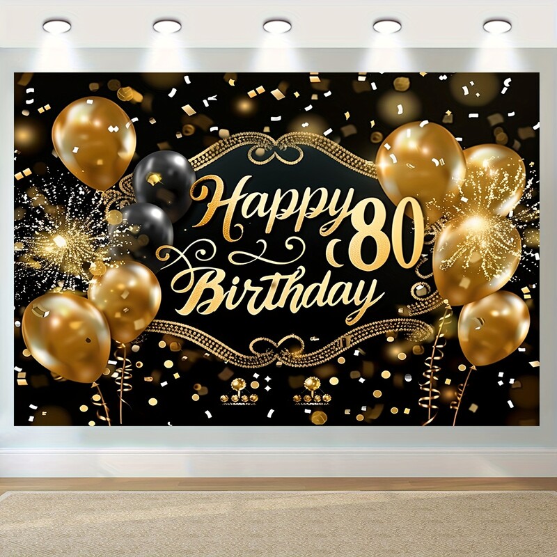 1db Boldog születésnapot díszített zászló - fekete arany 80. évfordulós téma, minden alkalomra/ünnepekre/felnőttek számára