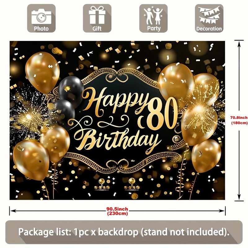 1db Boldog születésnapot díszített zászló - fekete arany 80. évfordulós téma, minden alkalomra/ünnepekre/felnőttek számára
