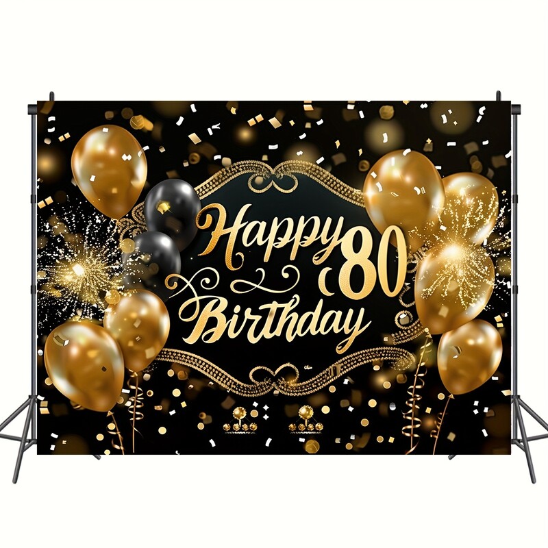 1db Boldog születésnapot díszített zászló - fekete arany 80. évfordulós téma, minden alkalomra/ünnepekre/felnőttek számára