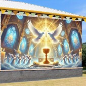 Poliészter vallásos dekoráció galamb és grál mintával, tökéletes templomi eseményekhez és fotózási háttérhez