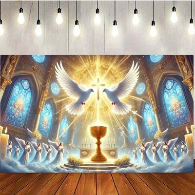 Poliészter vallásos dekoráció galamb és grál mintával, tökéletes templomi eseményekhez és fotózási háttérhez