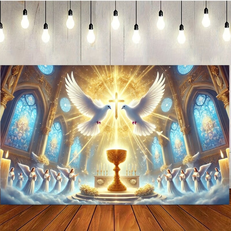 Poliészter vallásos dekoráció galamb és grál mintával, tökéletes templomi eseményekhez és fotózási háttérhez
