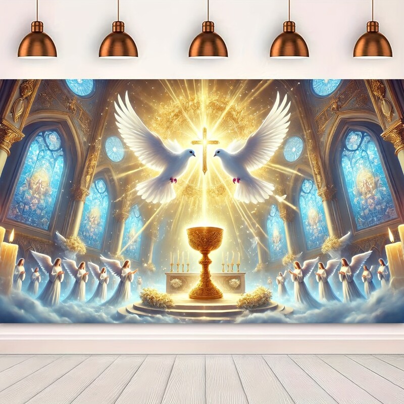 Poliészter vallásos dekoráció galamb és grál mintával, tökéletes templomi eseményekhez és fotózási háttérhez