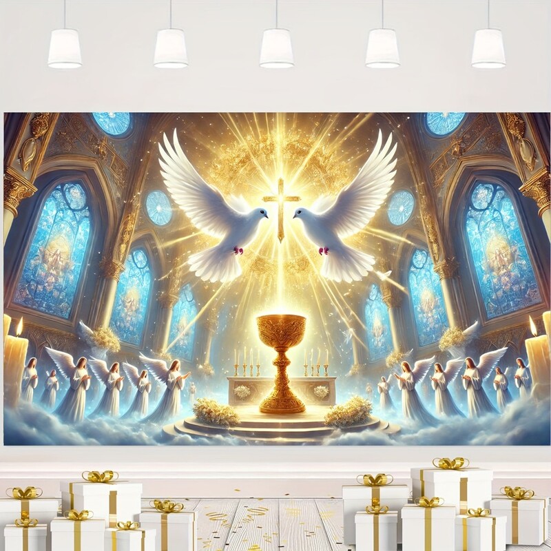 Poliészter vallásos dekoráció galamb és grál mintával, tökéletes templomi eseményekhez és fotózási háttérhez