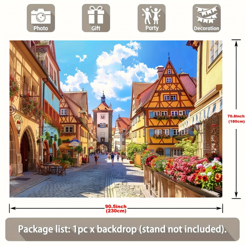 1 db túlméretezett bajor utcakép háttér – vibráló poliészter Oktoberfest szalaghirdetés német sörparti dekoráció