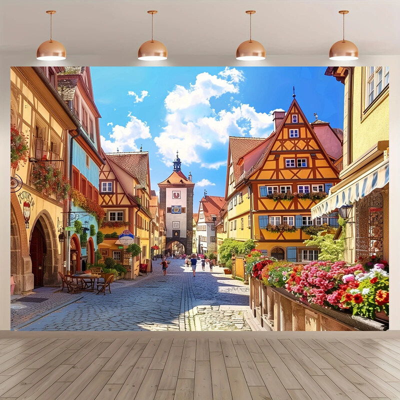 1 db túlméretezett bajor utcakép háttér – vibráló poliészter Oktoberfest szalaghirdetés német sörparti dekoráció