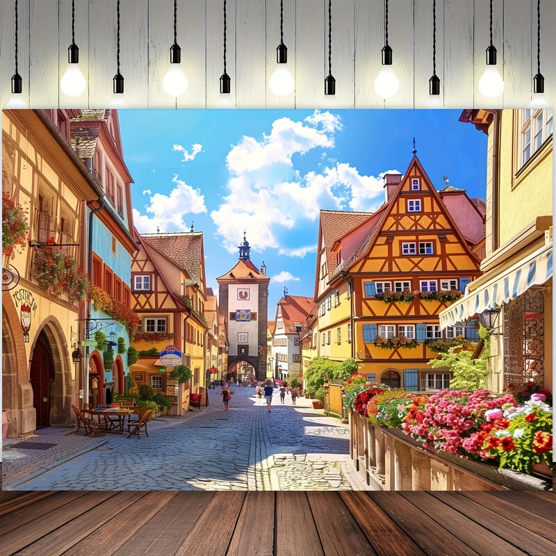 1 db túlméretezett bajor utcakép háttér – vibráló poliészter Oktoberfest szalaghirdetés német sörparti dekoráció