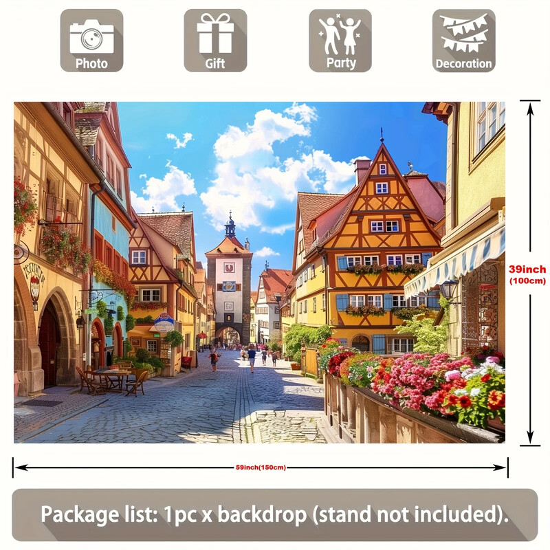 1 db túlméretezett bajor utcakép háttér – vibráló poliészter Oktoberfest szalaghirdetés német sörparti dekoráció