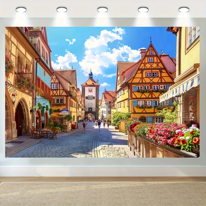 1 db túlméretezett bajor utcakép háttér – vibráló poliészter Oktoberfest szalaghirdetés német sörparti dekoráció