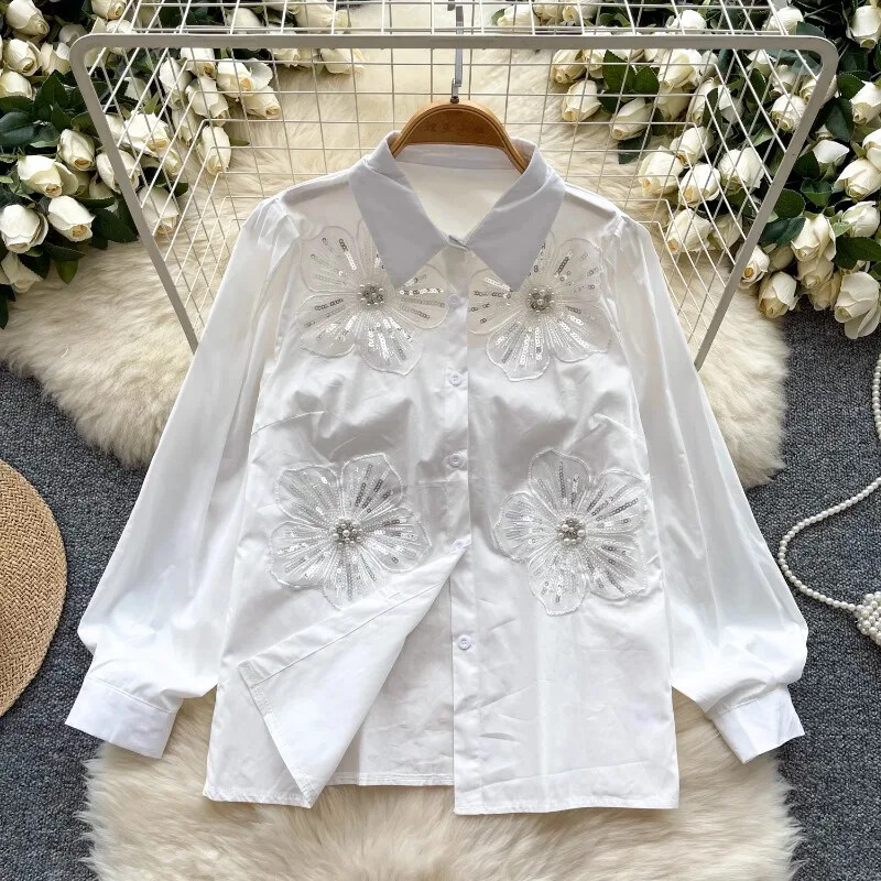 Neploe cămașă coreeană cu guler cu revere de ultimă generație, pentru femei, 2024, cu flori de toamnă, cu decorațiuni cu diamante, bluză liberă, temperament socialist