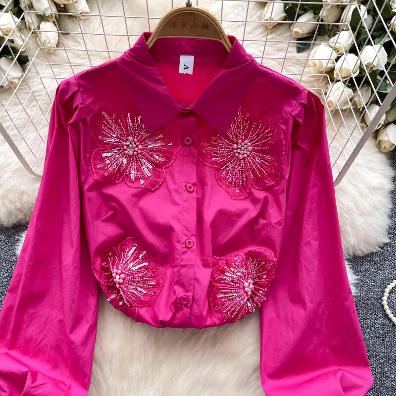 Neploe cămașă coreeană cu guler cu revere de ultimă generație, pentru femei, 2024, cu flori de toamnă, cu decorațiuni cu diamante, bluză liberă, temperament socialist