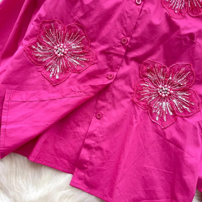 Neploe cămașă coreeană cu guler cu revere de ultimă generație, pentru femei, 2024, cu flori de toamnă, cu decorațiuni cu diamante, bluză liberă, temperament socialist