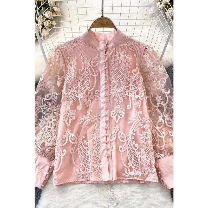 Γυναικεία πουκάμισα σε στυλ δικαστηρίου γιακά με κέντημα πέτο Μονό μακρυμάνικο φανάρι Blusa Φθινοπωρινό Ευέλικτο Γυναικείο Top Dropship