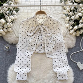 Vintage κομψό φιόγκο με μακρυμάνικο μπλούζα με κουκκίδα μόδα πουκάμισο Casual Chic Top Fairy καλοκαιρινό γυναικείο πουκάμισο