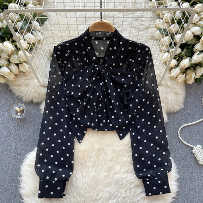 Vintage κομψό φιόγκο με μακρυμάνικο μπλούζα με κουκκίδα μόδα πουκάμισο Casual Chic Top Fairy καλοκαιρινό γυναικείο πουκάμισο