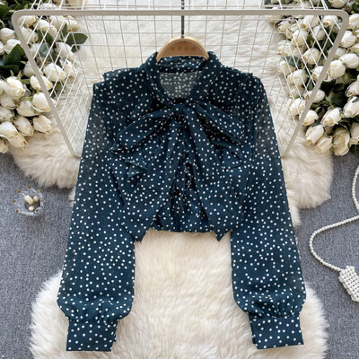 Vintage κομψό φιόγκο με μακρυμάνικο μπλούζα με κουκκίδα μόδα πουκάμισο Casual Chic Top Fairy καλοκαιρινό γυναικείο πουκάμισο