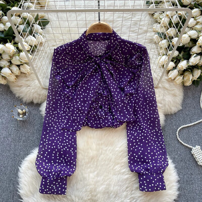 Vintage κομψό φιόγκο με μακρυμάνικο μπλούζα με κουκκίδα μόδα πουκάμισο Casual Chic Top Fairy καλοκαιρινό γυναικείο πουκάμισο