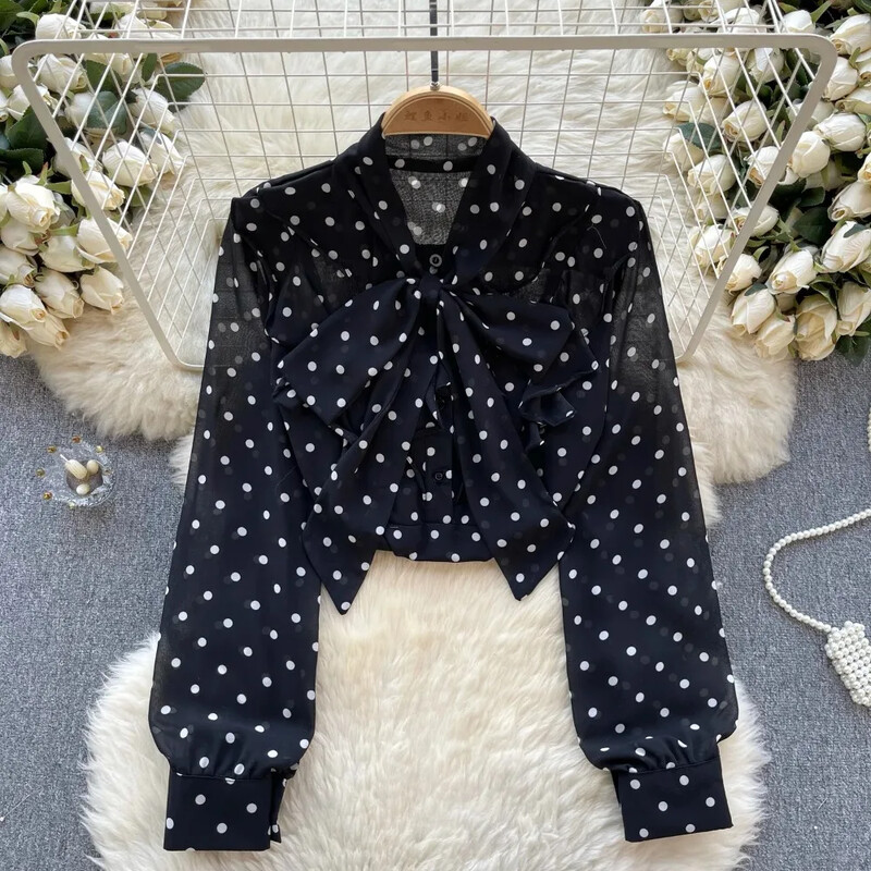 Vintage κομψό φιόγκο με μακρυμάνικο μπλούζα με κουκκίδα μόδα πουκάμισο Casual Chic Top Fairy καλοκαιρινό γυναικείο πουκάμισο