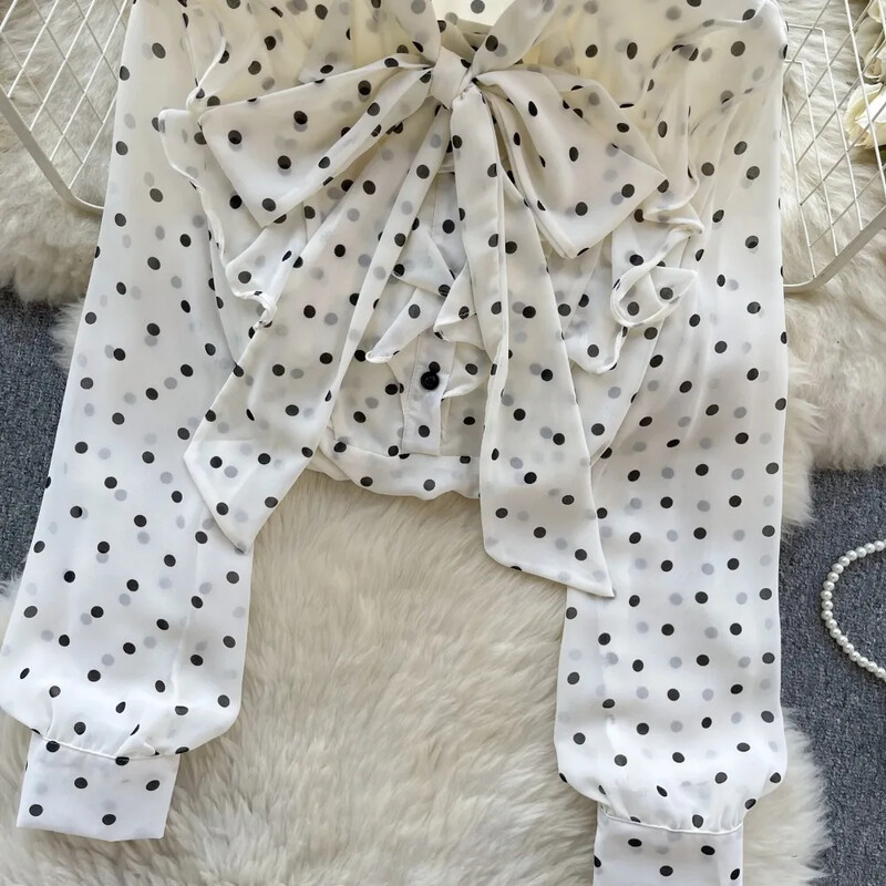 Vintage κομψό φιόγκο με μακρυμάνικο μπλούζα με κουκκίδα μόδα πουκάμισο Casual Chic Top Fairy καλοκαιρινό γυναικείο πουκάμισο