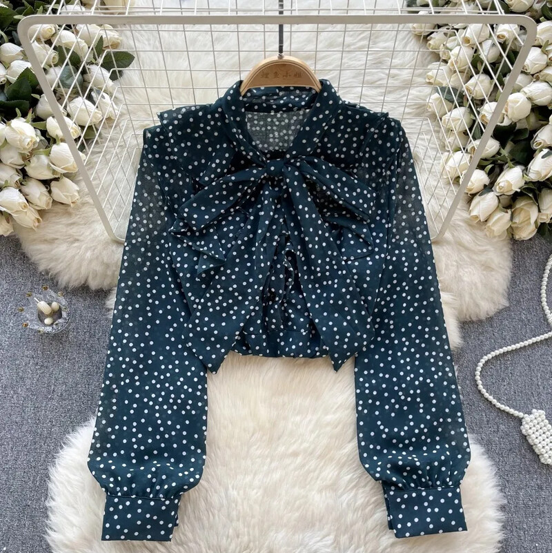 Vintage κομψό φιόγκο με μακρυμάνικο μπλούζα με κουκκίδα μόδα πουκάμισο Casual Chic Top Fairy καλοκαιρινό γυναικείο πουκάμισο