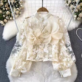 EWQ Fashion 3D gėlėmis tinklinė palaidinė Desian Moterims Žibintai su rankovėmis tinklinis kremas nuo saulės Viršutiniai laisvalaikio drabužiai 2024 m. vasara Nauja 27C796