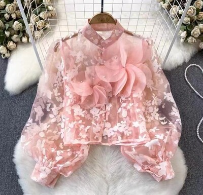 EWQ Fashion 3D gėlėmis tinklinė palaidinė Desian Moterims Žibintai su rankovėmis tinklinis kremas nuo saulės Viršutiniai laisvalaikio drabužiai 2024 m. vasara Nauja 27C796