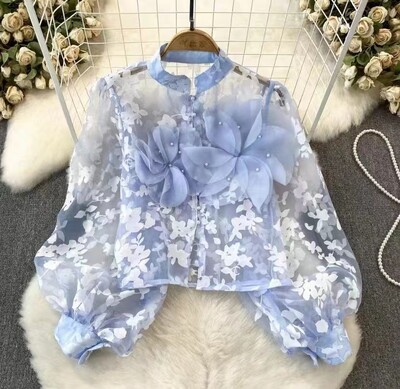 EWQ Fashion 3D gėlėmis tinklinė palaidinė Desian Moterims Žibintai su rankovėmis tinklinis kremas nuo saulės Viršutiniai laisvalaikio drabužiai 2024 m. vasara Nauja 27C796