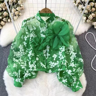 EWQ Fashion 3D gėlėmis tinklinė palaidinė Desian Moterims Žibintai su rankovėmis tinklinis kremas nuo saulės Viršutiniai laisvalaikio drabužiai 2024 m. vasara Nauja 27C796