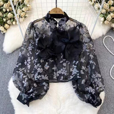 EWQ Fashion 3D gėlėmis tinklinė palaidinė Desian Moterims Žibintai su rankovėmis tinklinis kremas nuo saulės Viršutiniai laisvalaikio drabužiai 2024 m. vasara Nauja 27C796