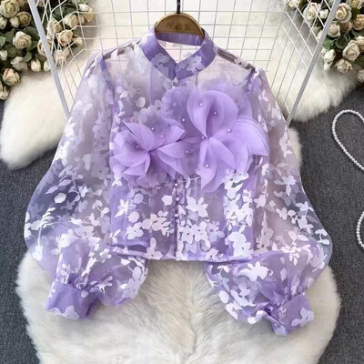 EWQ Fashion 3D gėlėmis tinklinė palaidinė Desian Moterims Žibintai su rankovėmis tinklinis kremas nuo saulės Viršutiniai laisvalaikio drabužiai 2024 m. vasara Nauja 27C796