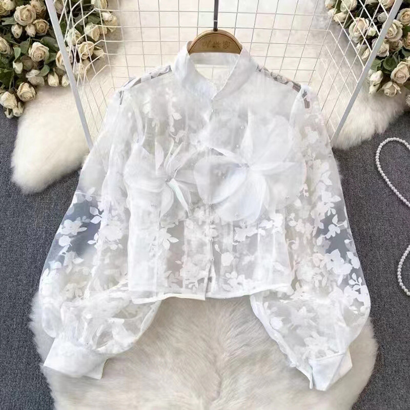 EWQ Fashion 3D gėlėmis tinklinė palaidinė Desian Moterims Žibintai su rankovėmis tinklinis kremas nuo saulės Viršutiniai laisvalaikio drabužiai 2024 m. vasara Nauja 27C796