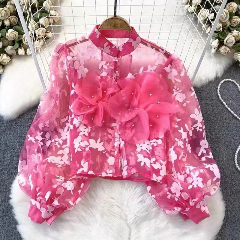 EWQ Fashion 3D gėlėmis tinklinė palaidinė Desian Moterims Žibintai su rankovėmis tinklinis kremas nuo saulės Viršutiniai laisvalaikio drabužiai 2024 m. vasara Nauja 27C796