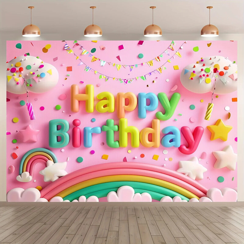 Élénk szivárványfelhő születésnapi háttér – poliészter party dekoráció, tökéletes tortákhoz és szobaháttérekhez