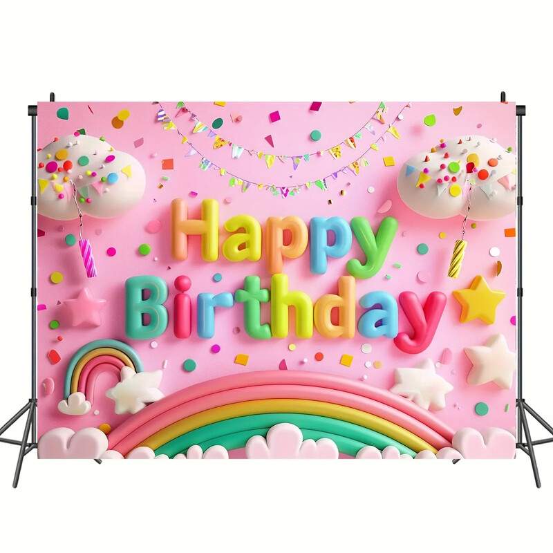 Élénk szivárványfelhő születésnapi háttér – poliészter party dekoráció, tökéletes tortákhoz és szobaháttérekhez