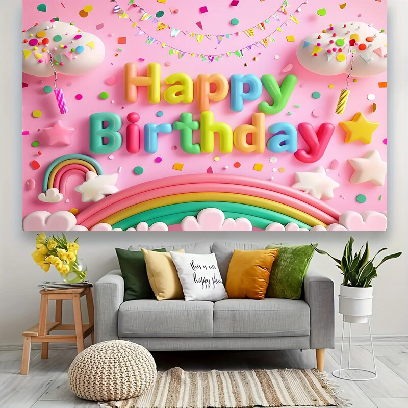Élénk szivárványfelhő születésnapi háttér – poliészter party dekoráció, tökéletes tortákhoz és szobaháttérekhez